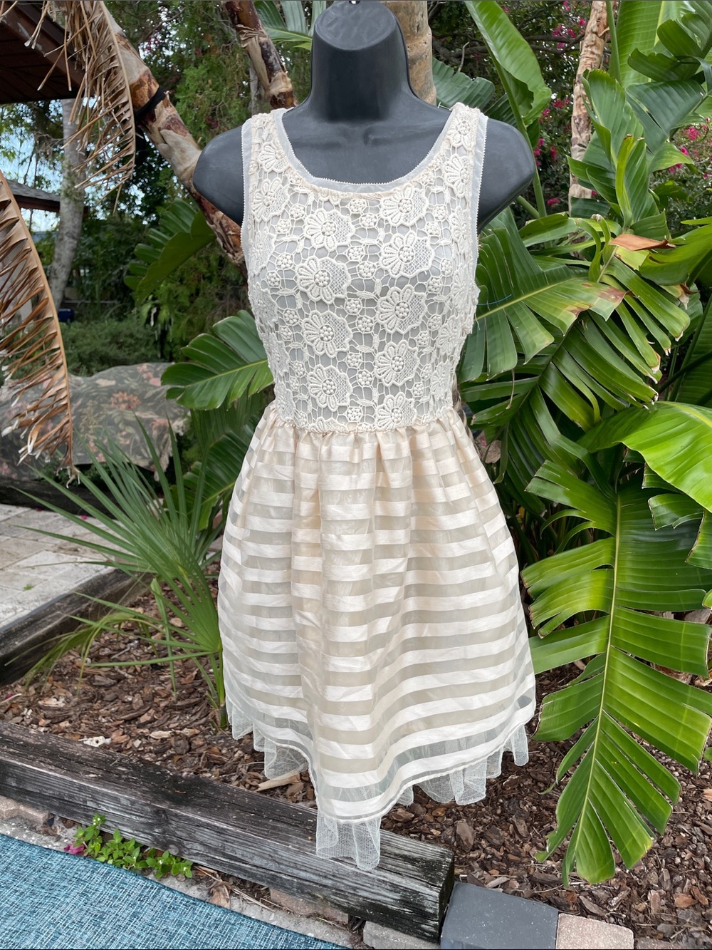 floral lace, sheer, taper, striped, and tulle ruffle dress